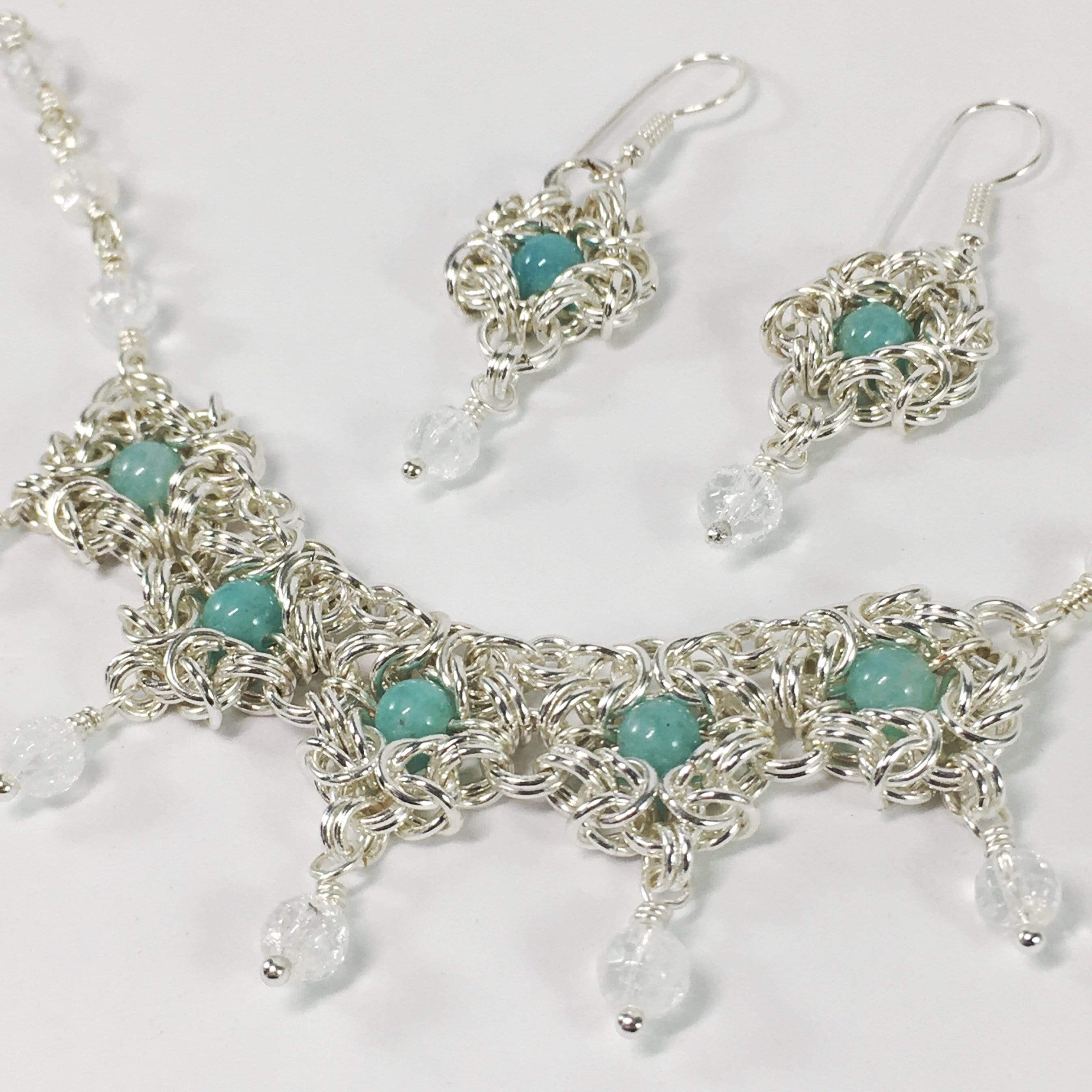 Handmade Chainmaille Neckace With Amazonite And Clear Quartz Gemstones By Jewelz Galore