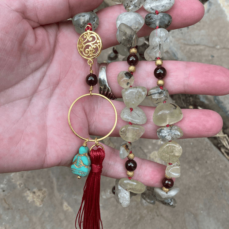 Handmade Prehnite And Garnet Gemstone Mala Style Necklace