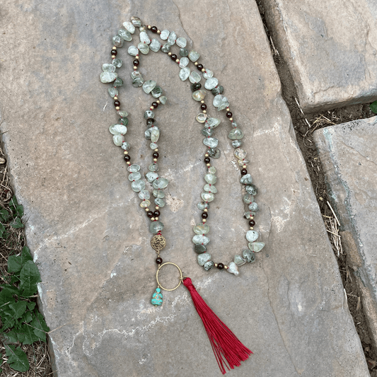 Necklaces Prehnite And Garnet Mala Yoga Style Necklace Jewelz Galore Handmade Prehnite And Garnet Mala Yoga Style Necklace | Jewelz Galore