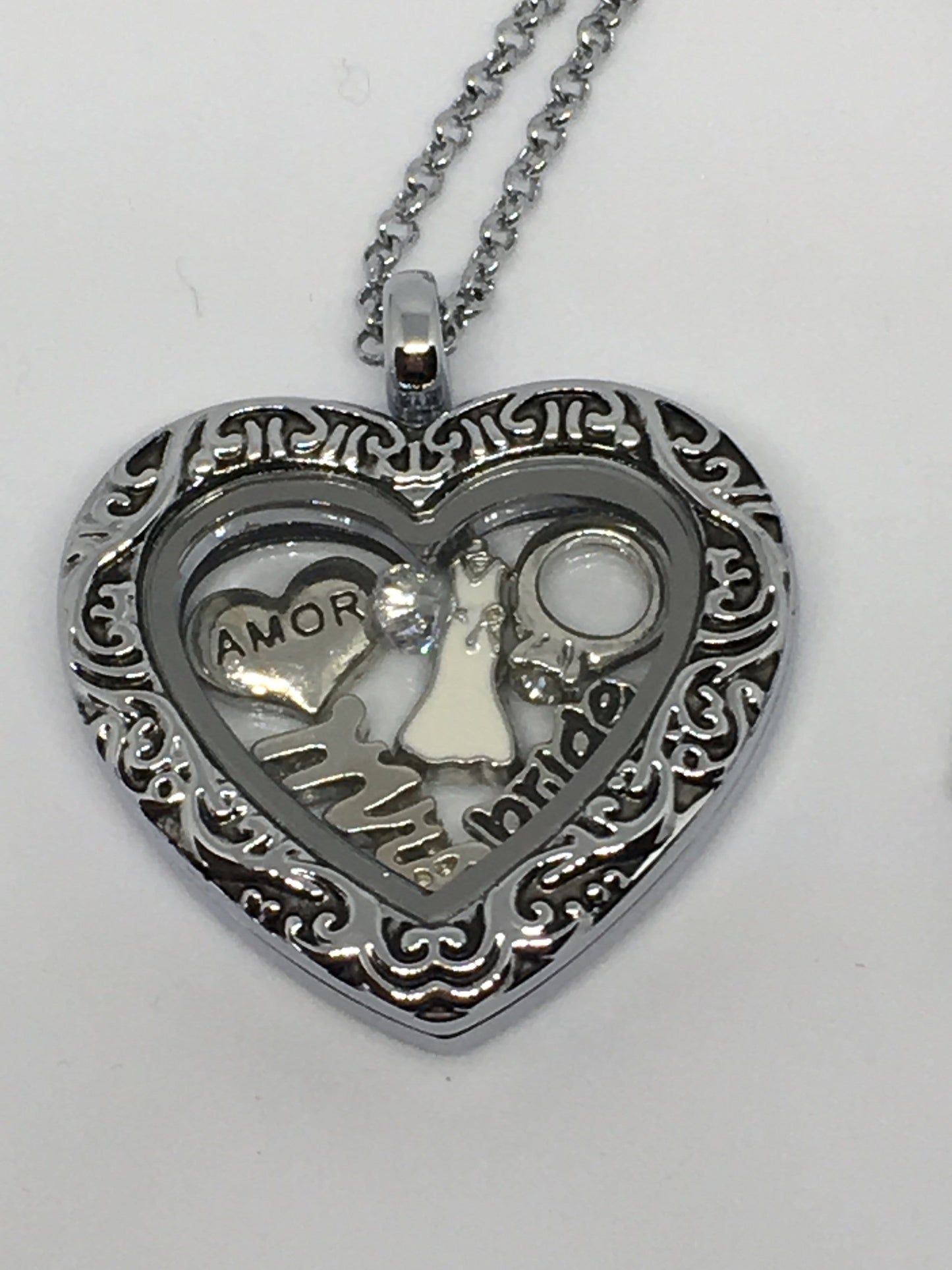 Necklace Stainless Steel Filigree Heart Bride Floating Locket Jewelz Galore Heart Bride Locket Necklace | Jewelz Galore