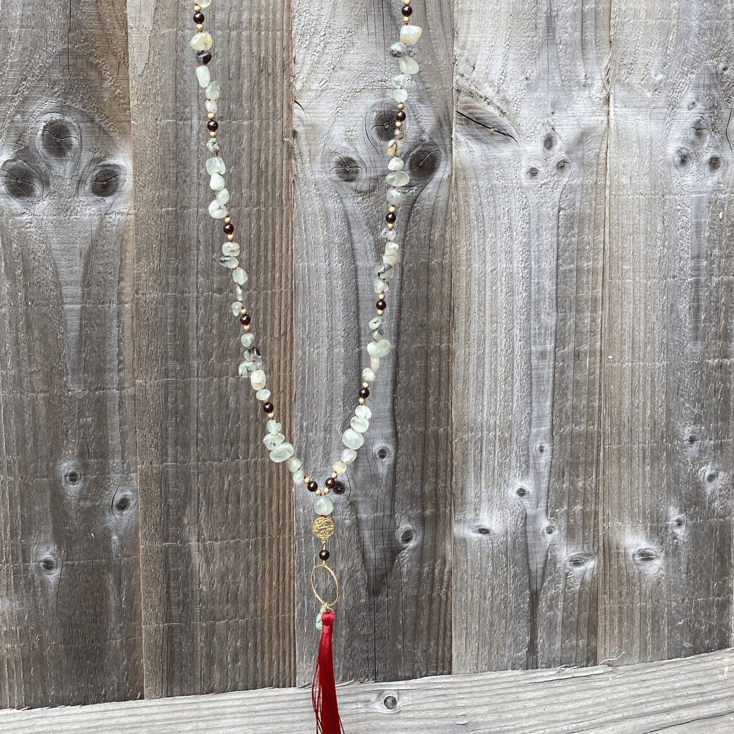 Necklaces Prehnite And Garnet Mala Yoga Style Necklace Jewelz Galore Handmade Prehnite And Garnet Mala Yoga Style Necklace | Jewelz Galore