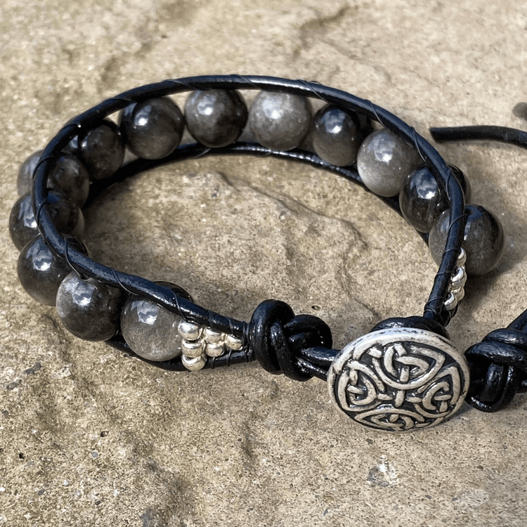 Handmade Silver Obsidian Gemstone Leather Wrap Bracelet By Jewelz Galore