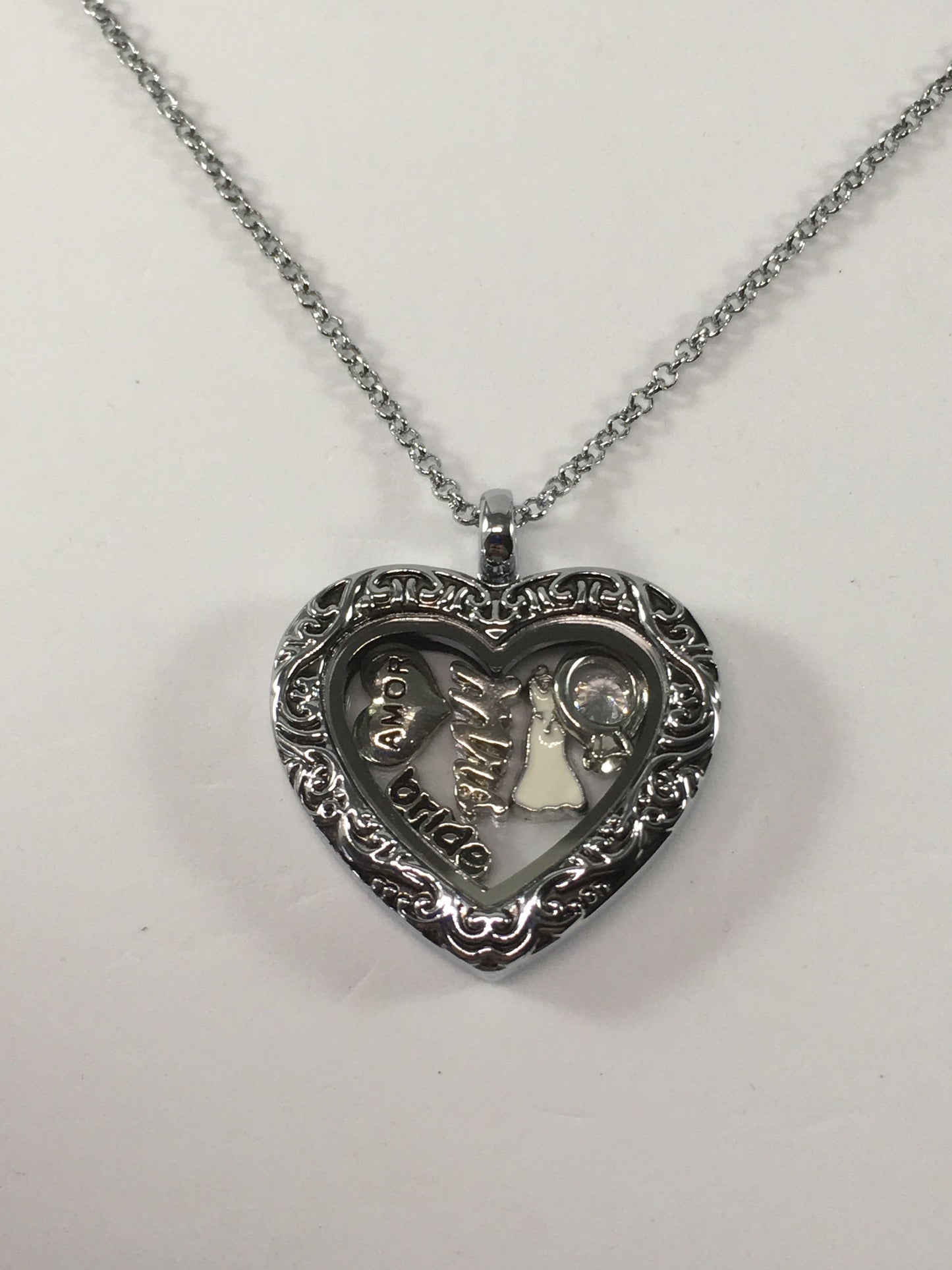 Necklace Stainless Steel Filigree Heart Bride Floating Locket Jewelz Galore Heart Bride Locket Necklace | Jewelz Galore