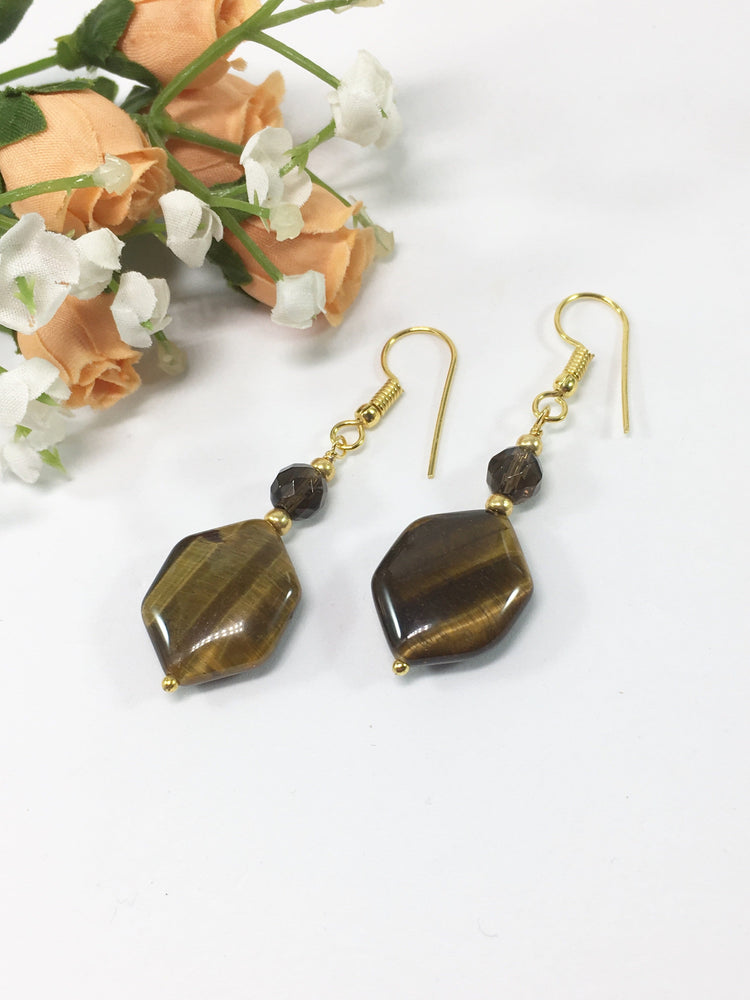Tigers Eye And Smokey Quartz Gemstone Earrings