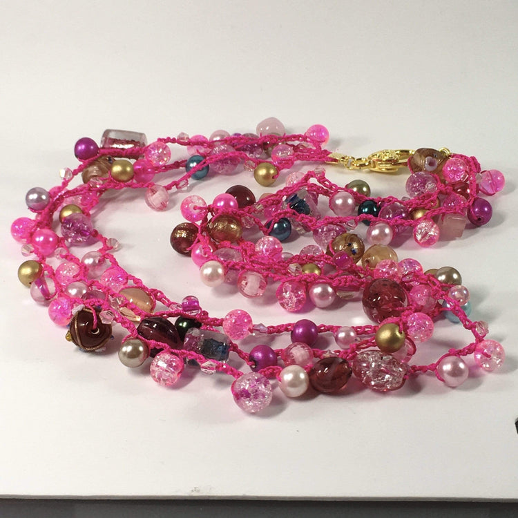 Pink Beaded Crochet Necklace