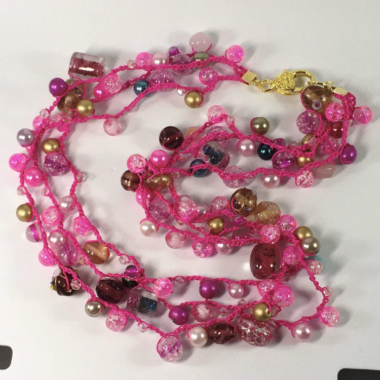 Pink Beaded Crochet Necklace