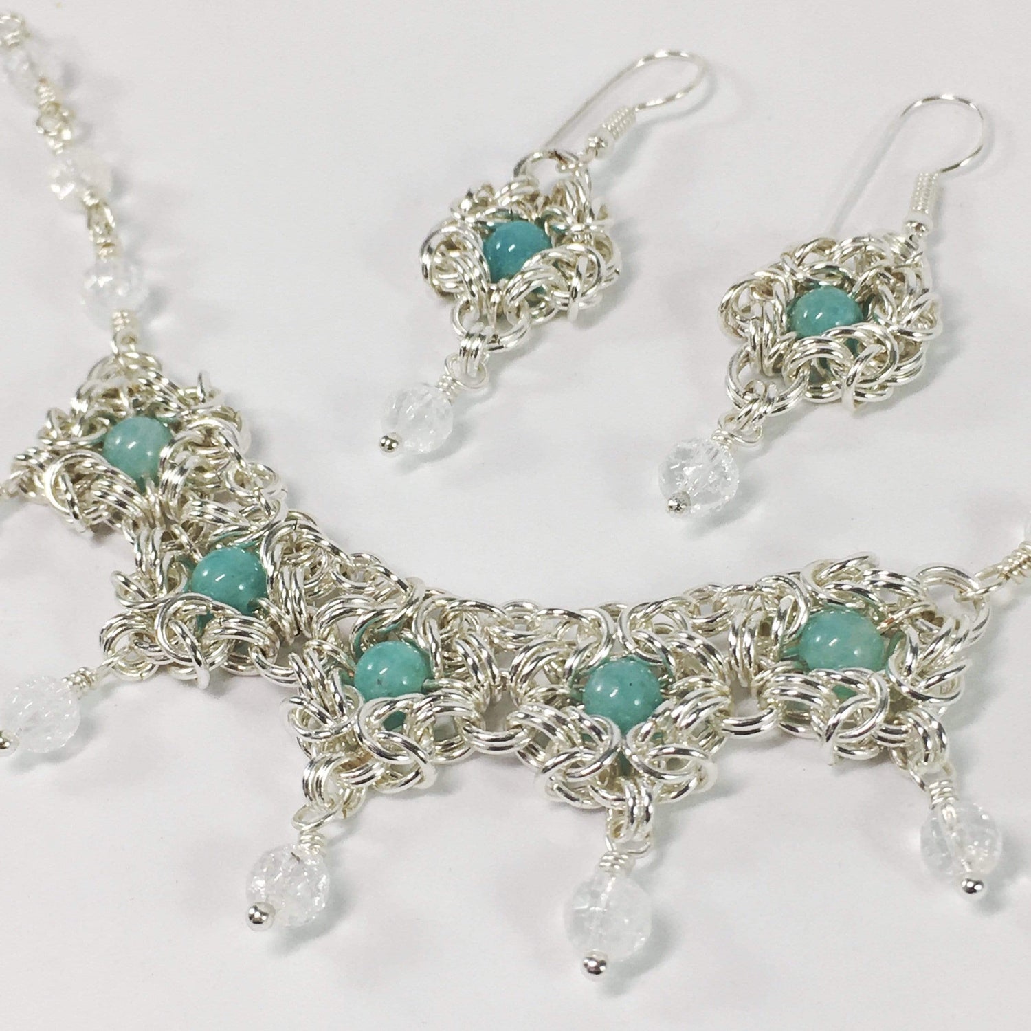Handmade Chainmaille Neckace With Amazonite And Clear Quartz Gemstones By Jewelz Galore 