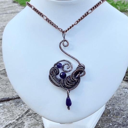 Handmade Amethyst Gemstone And Copper Wire Wrapped Pendant Necklace
