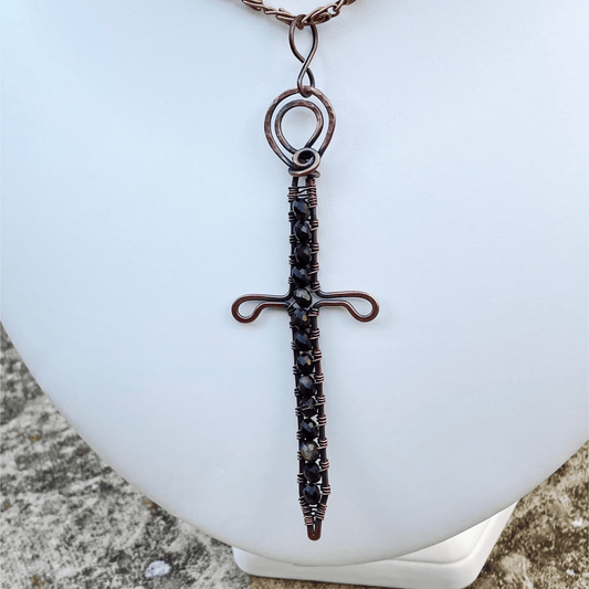 Handmade Golden Obsidian Gemstone And Copper Wire Wrapped Sword Pendant