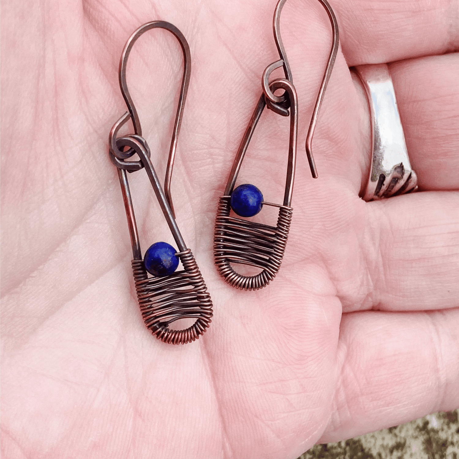 Handmade Copper Corset Weave Gemstone Earrings Lapis Lazuli Gemstone