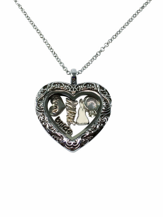 Necklace Stainless Steel Filigree Heart Bride Floating Locket Jewelz Galore Heart Bride Locket Necklace | Jewelz Galore