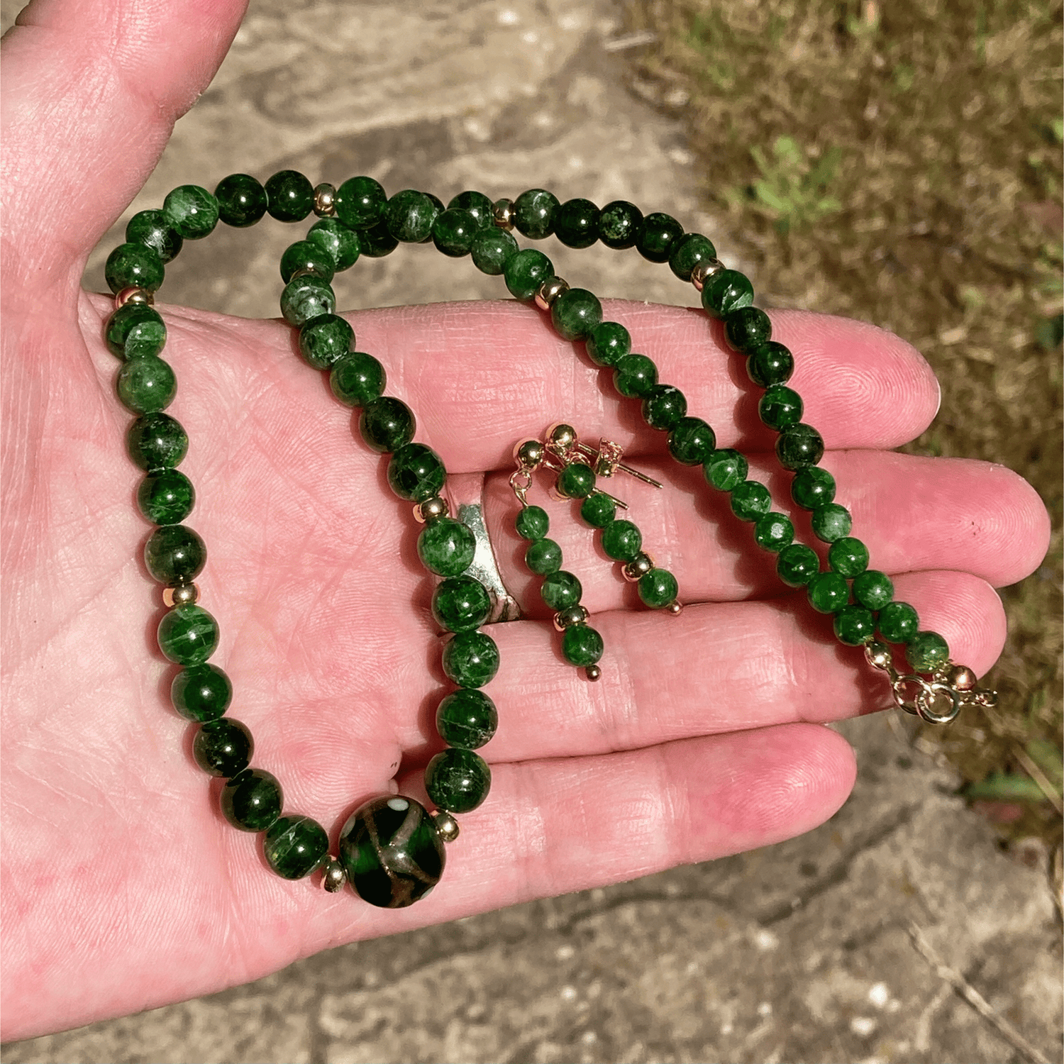 Handmade Russian Chrome Diopside Gemstone And Sterling Silver Necklace And Earrings Set