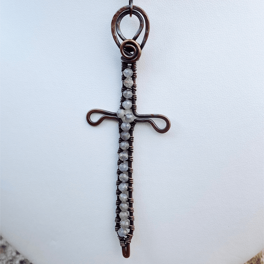 Handmade Moonstone Gemstone And Wire Wrapped Copper Sword Pendant