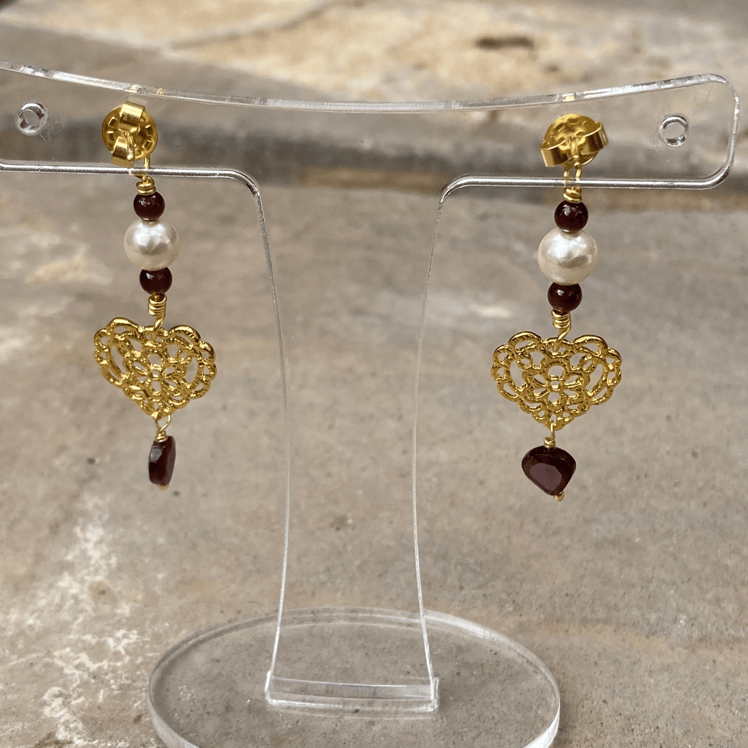 Handmade Garnet And Shell Pearl Gemstone Heart Earrings