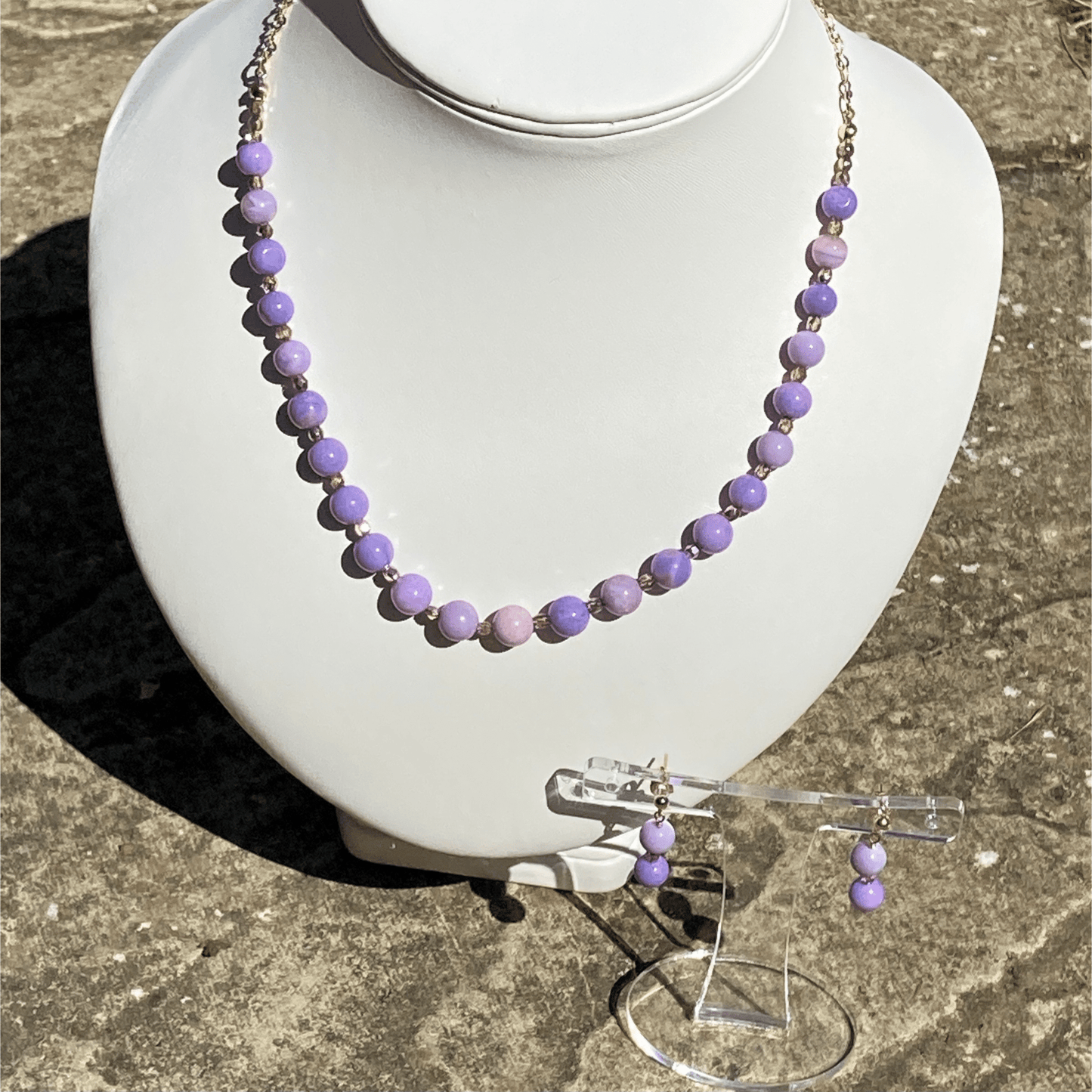 Handmade Lilac Peruvian Opal Gemstone And Rose Gold Plated Sterling Silver Necklace Set