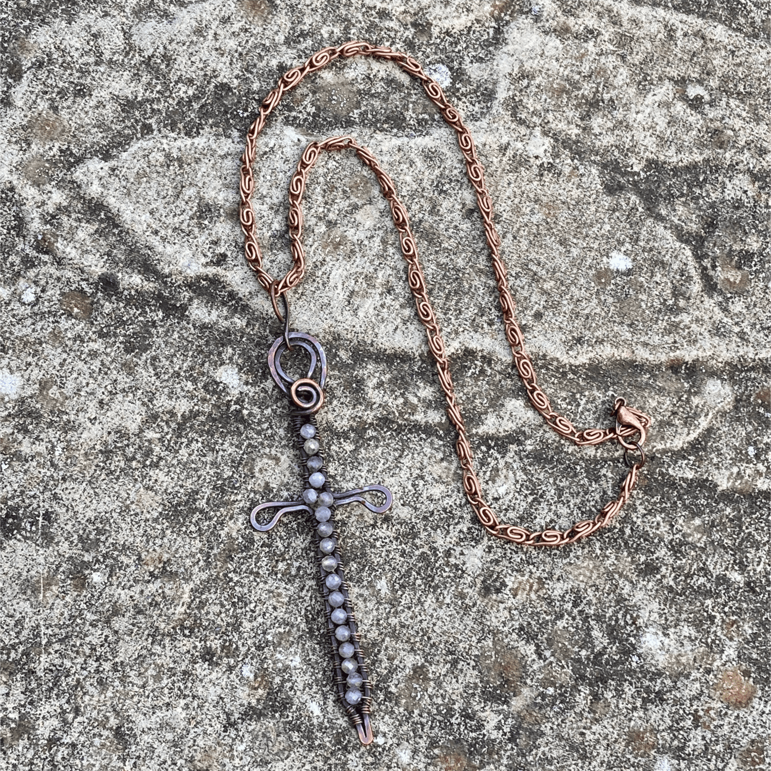 Handmade Moonstone Gemstone And Wire Wrapped Copper Sword Pendant