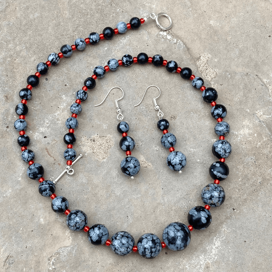 Handmade Snowflake Obsidian Gemstone Necklace And Earrings 