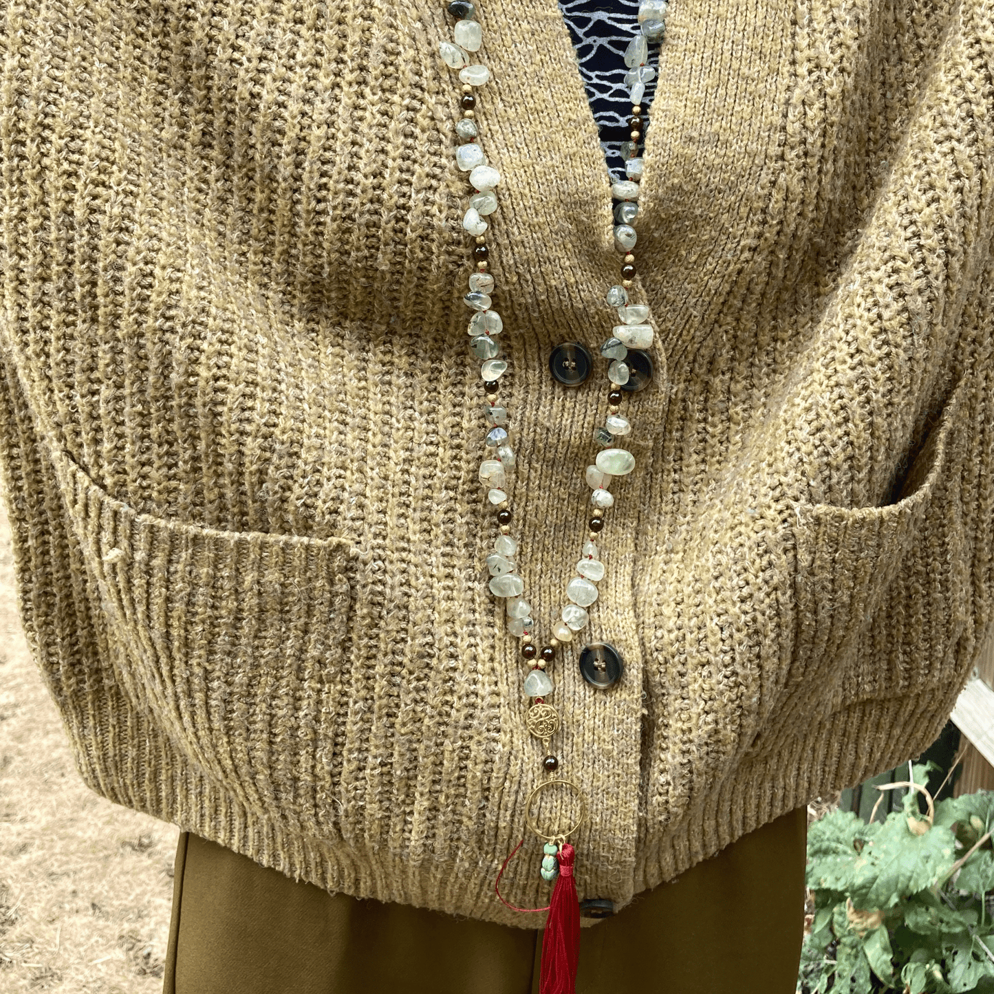 Handmade Prehnite And Garnet Gemstone Mala Style Necklace