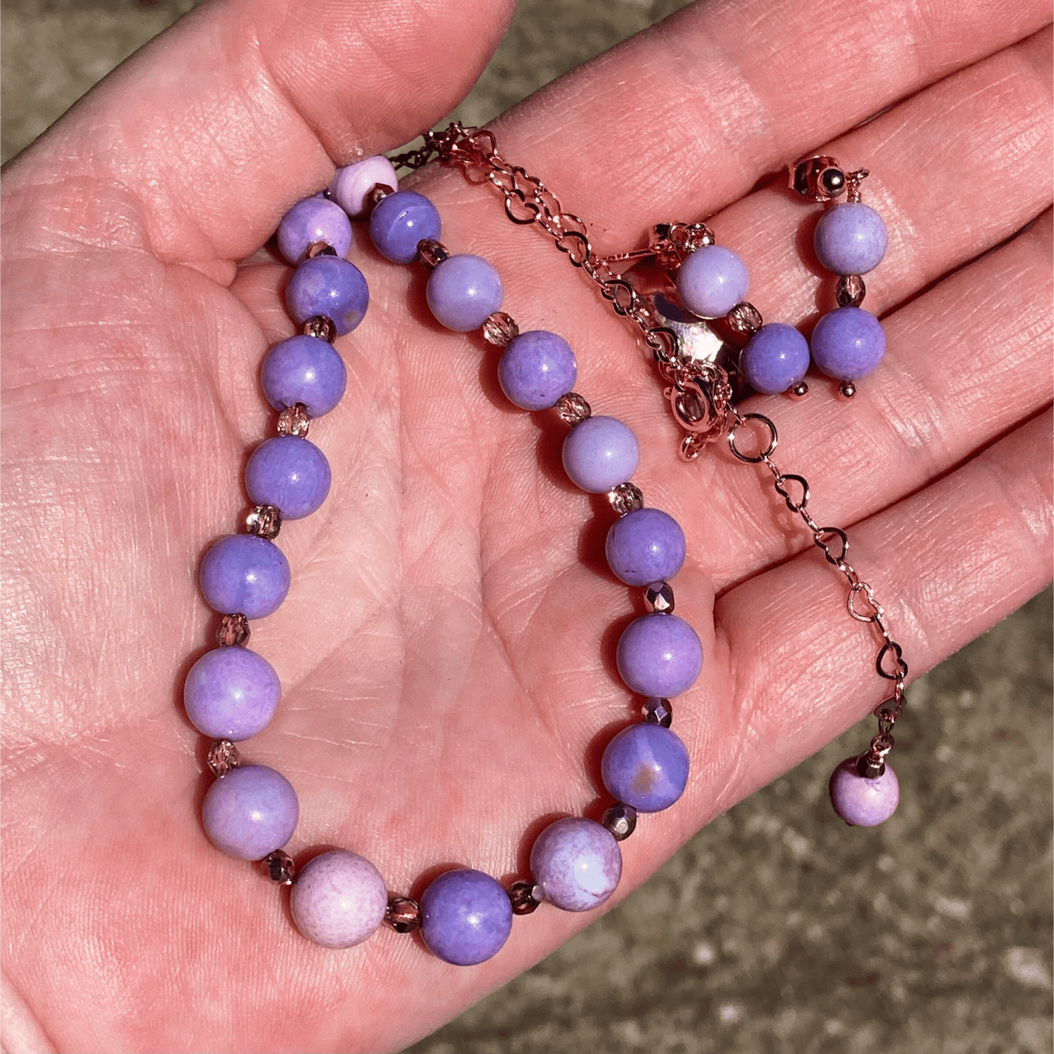 Handmade Lilac Peruvian Opal Gemstone And Rose Gold Plated Sterling Silver Necklace Set