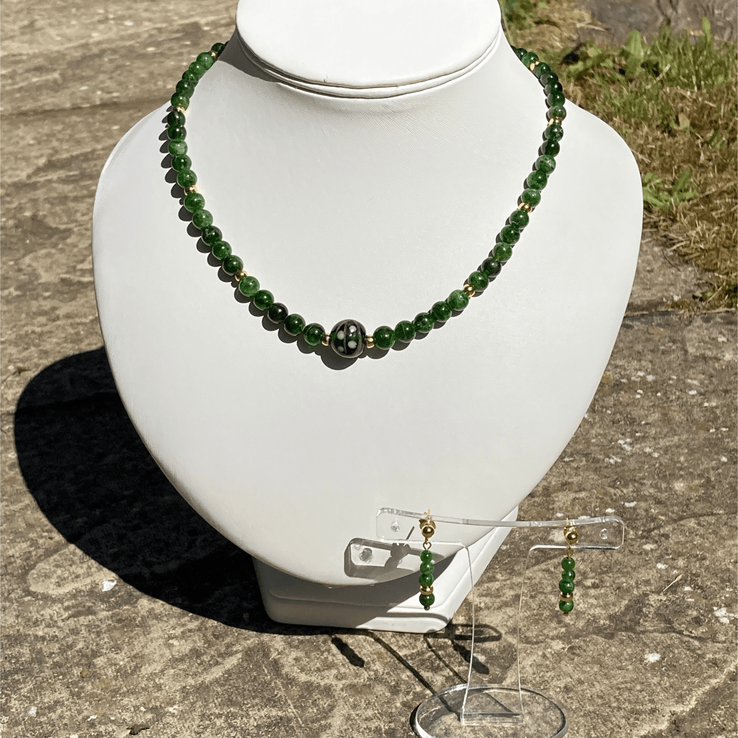 Handmade Russian Chrome Diopside Gemstone And Sterling Silver Necklace And Earrings Set