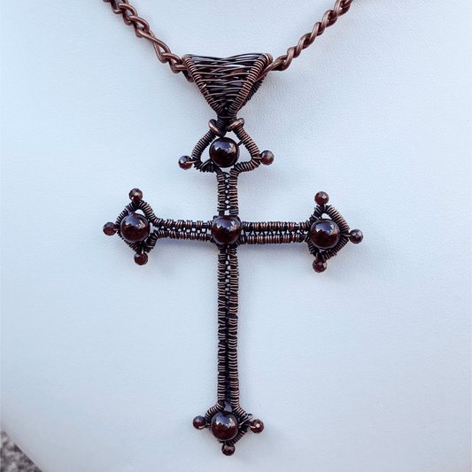 Handmade Garnet Gemstone And Patinaed Wire Wrapped Copper Cross Pendant Necklace