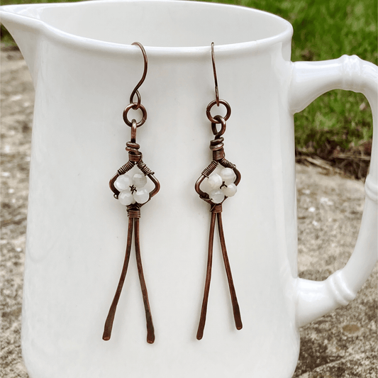 Handmade Wire Wrapped Moonstone And Copper Dangle Earrings Gemstone Jewellery