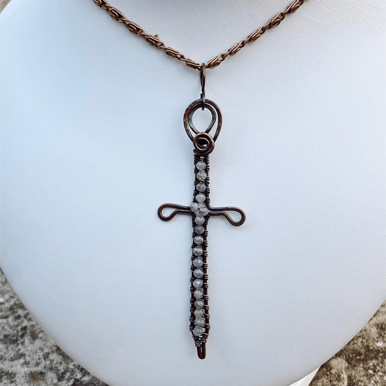 Handmade Moonstone Gemstone And Wire Wrapped Copper Sword Pendant