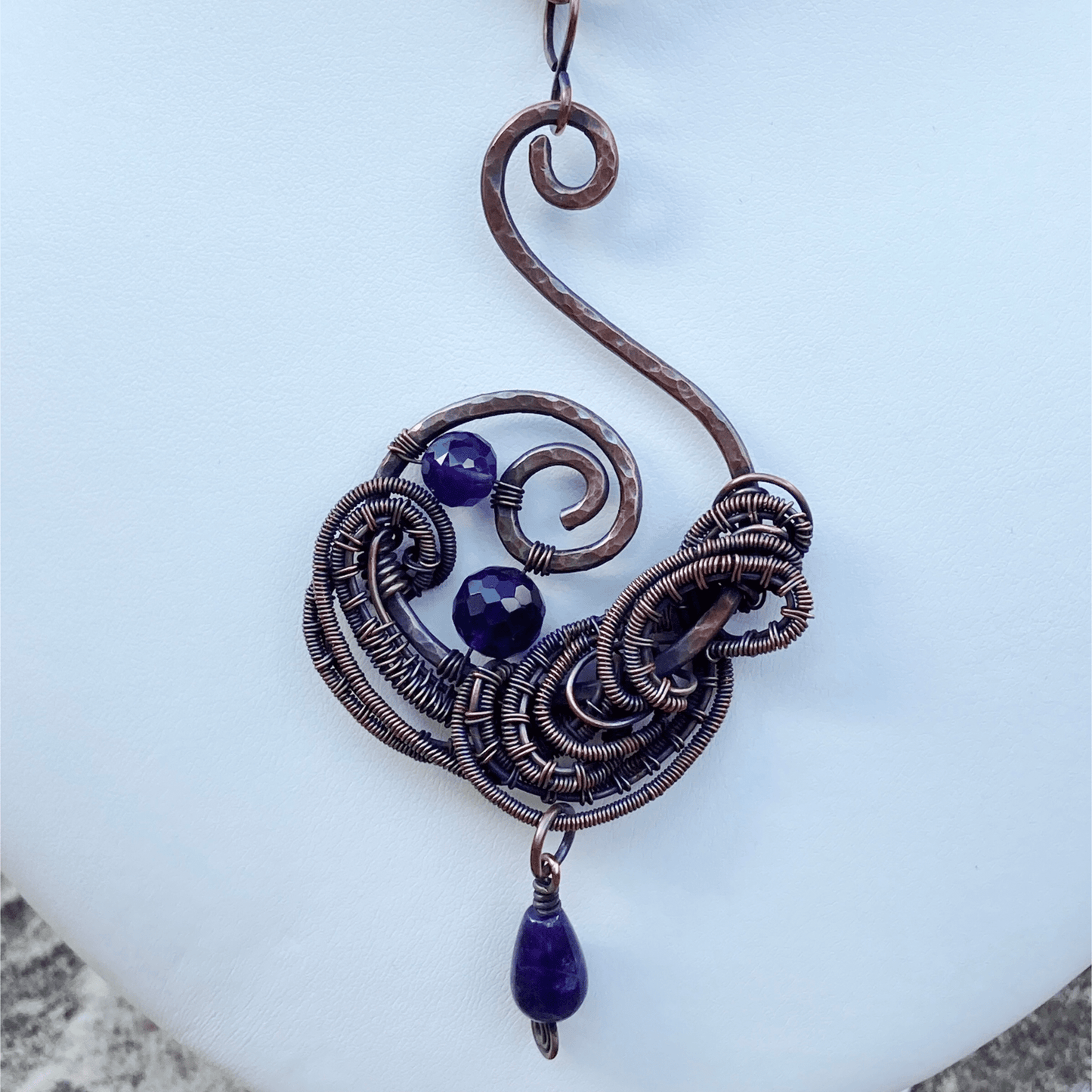 Handmade Amethyst Gemstone And Copper Wire Wrapped Pendant Necklace