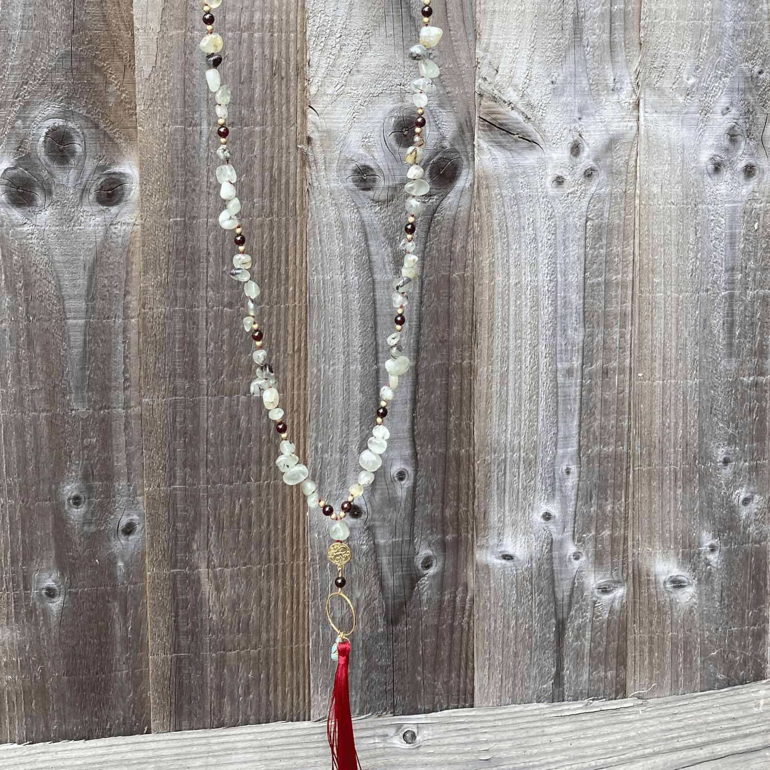 Handmade Prehnite And Garnet Gemstone Mala Style Necklace