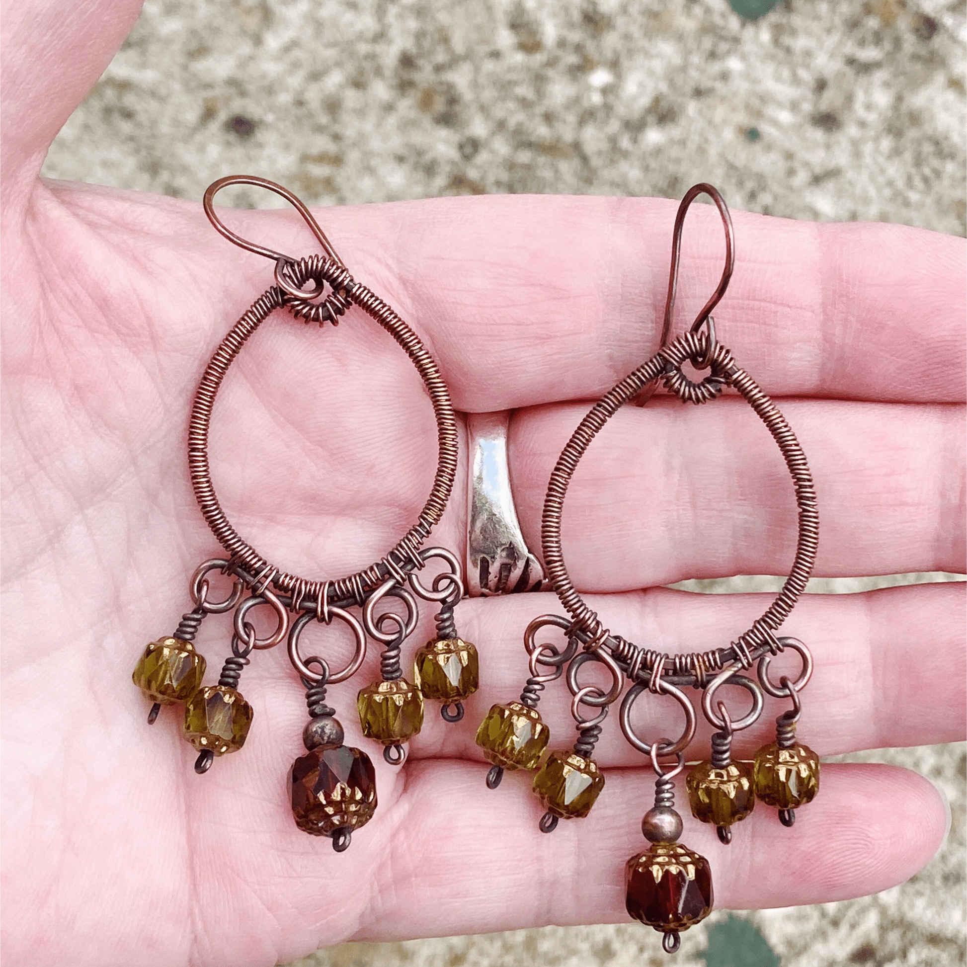 Handmade Wire Wrapped Copper Beaded Chandelier Earrings
