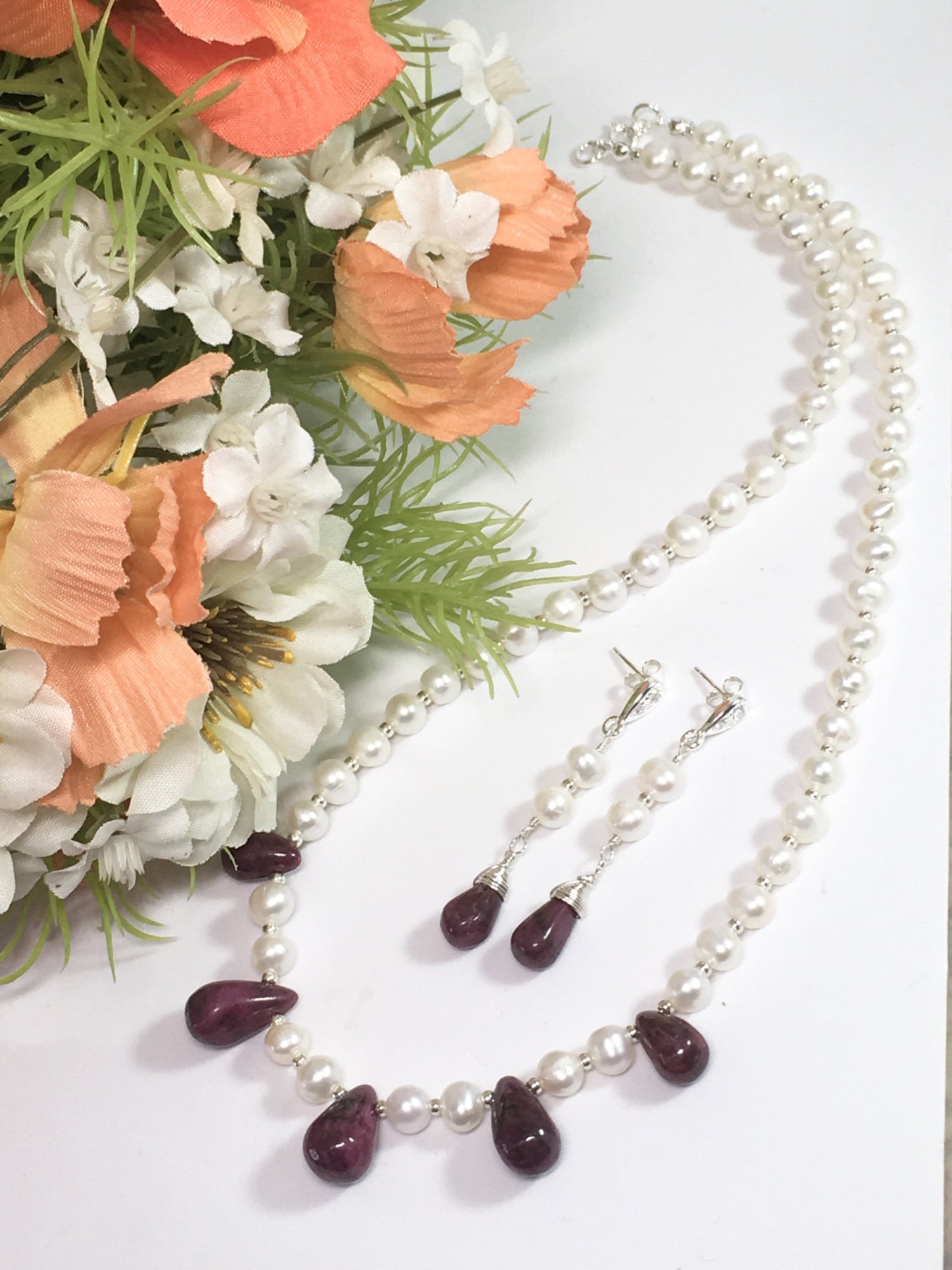Ruby And Freshwater Pearl Bridal Necklace