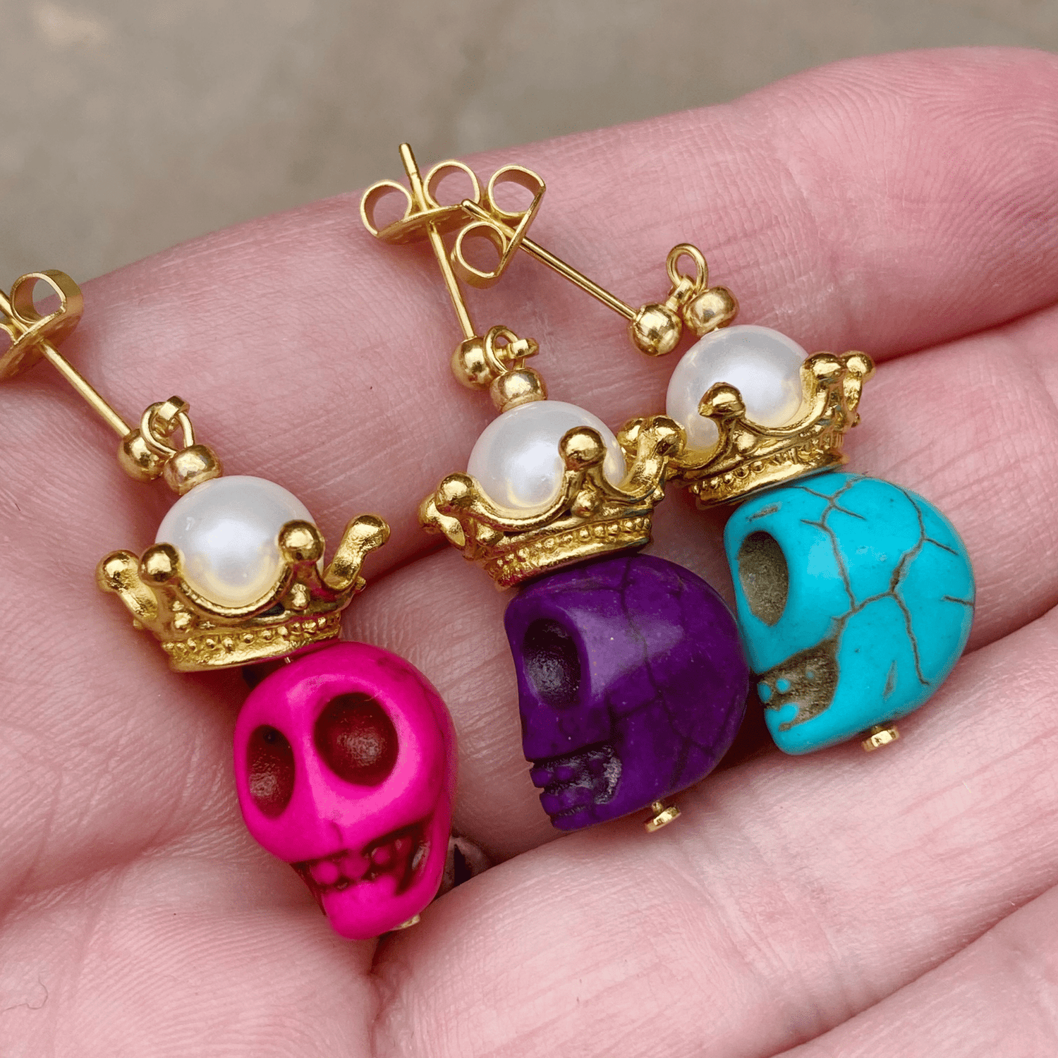 Handmade Howlite Skull Crown Gemstone Earrings