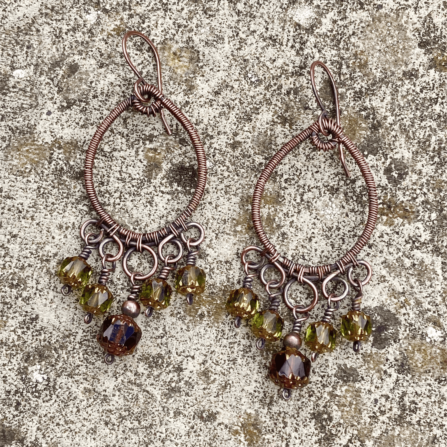 Handmade Wire Wrapped Copper Beaded Chandelier Earrings