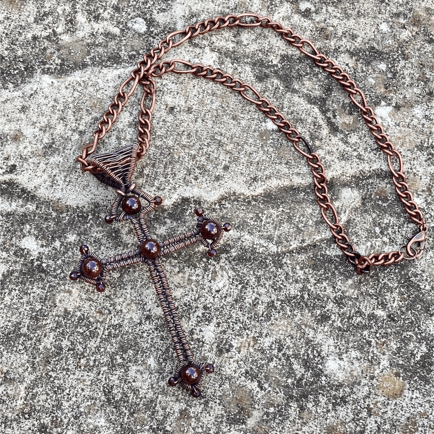 Handmade Garnet Gemstone And Patinaed Wire Wrapped Copper Pendant Necklace