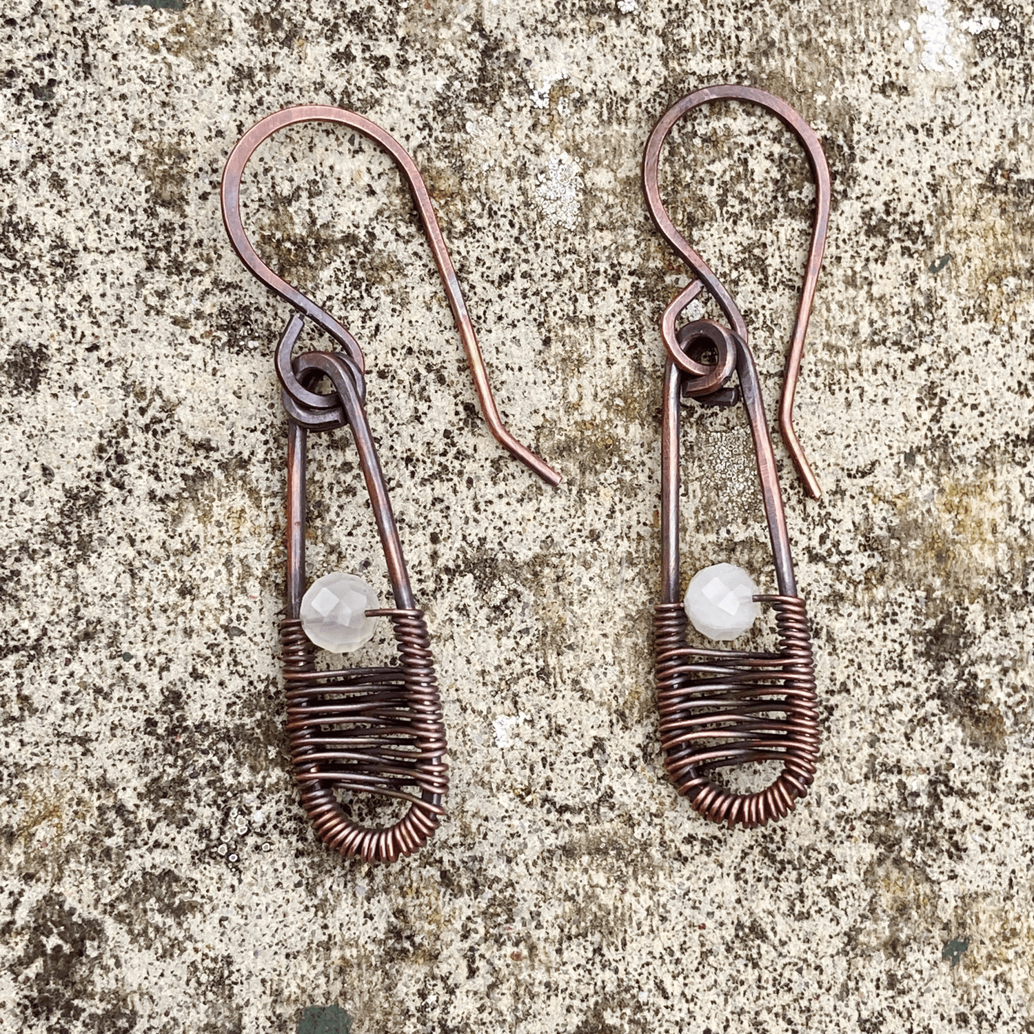 Handmade Copper Corset Weave Gemstone Earrings Moonstone Gemstone 