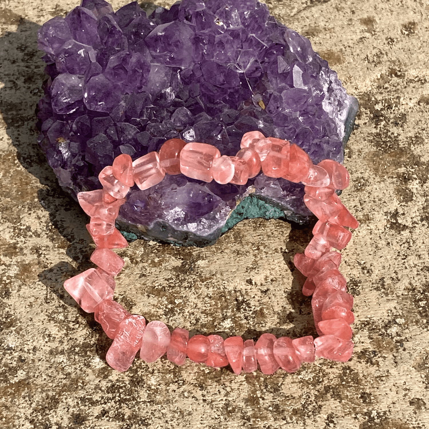 Handmade Stretch Cherry Quartz Gemstone Chip Bracelet