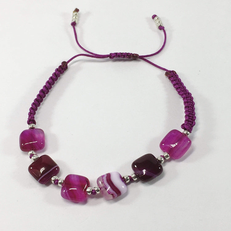 Fushia Coloured Handmade Agate Gemstone Adjustable Bracelet 