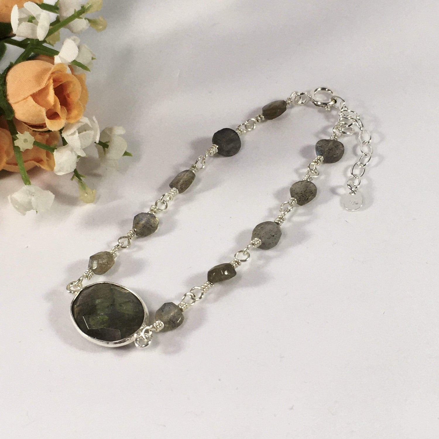 Handmade Labradorite Gemstone And Sterling Silver Bracelet 