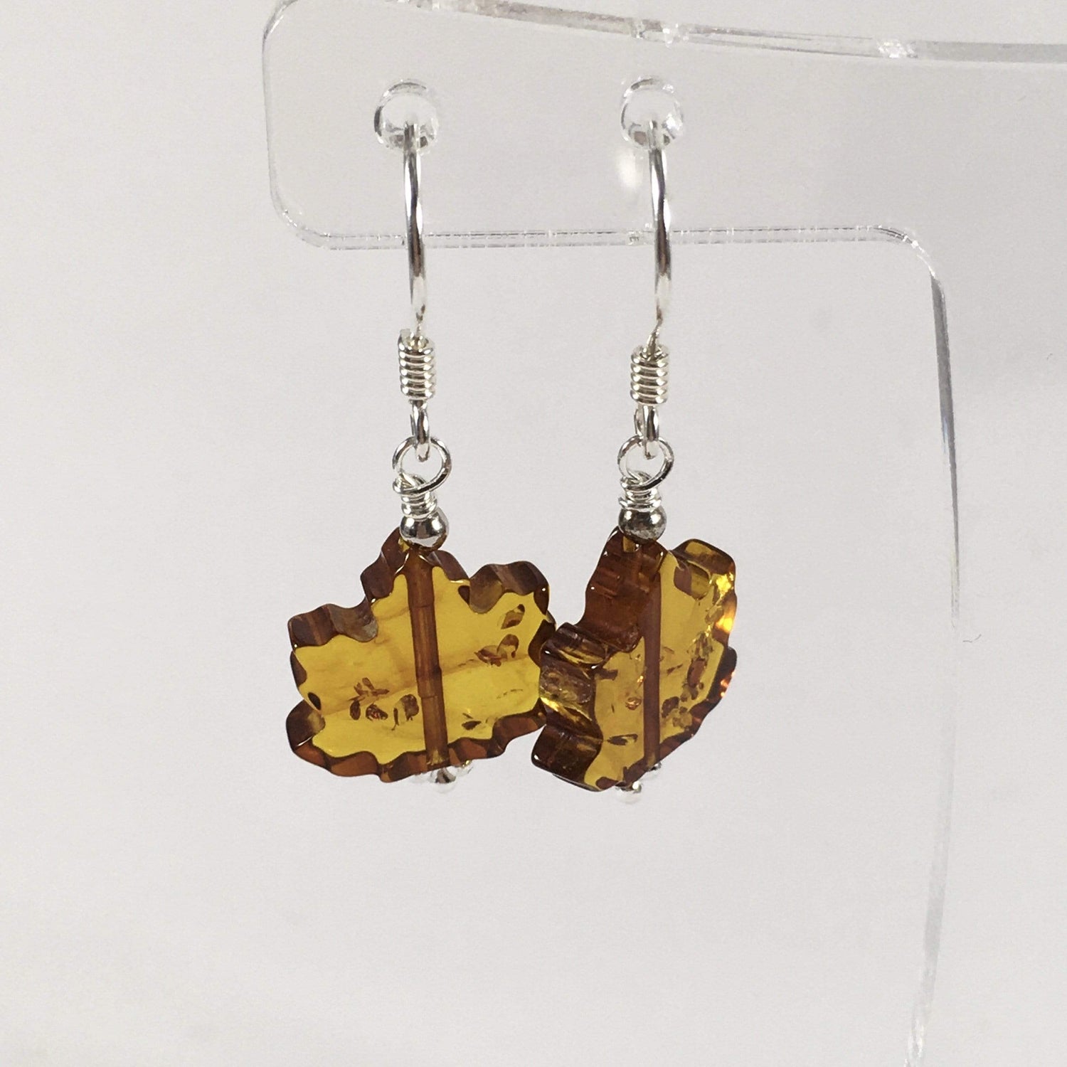 Handmade Baltic Amber Maple Leaf Gemstone And Sterling Silver Earrings