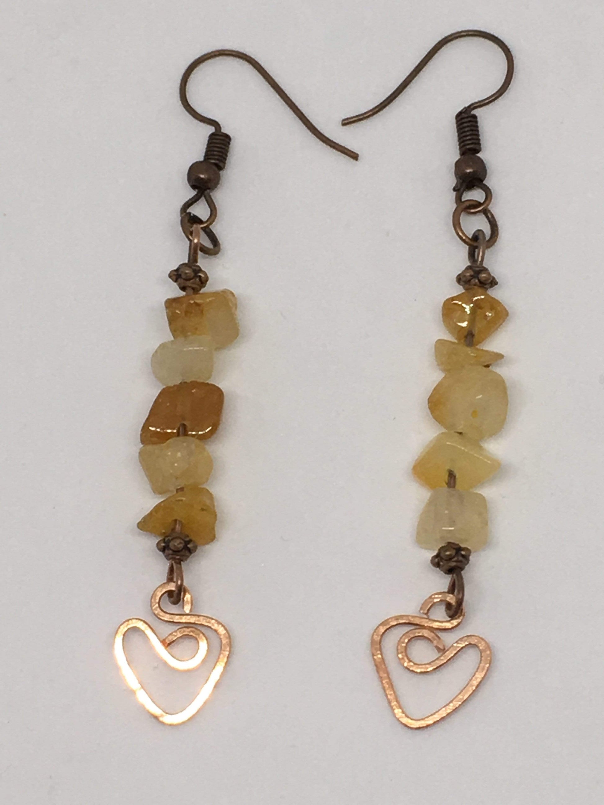 Earrings Copper / Yellow Jade Gemstone Dangle Heart Earrings Jewelz Galore Gemstone Heart Earrings | Jewelz Galore | Cambridge