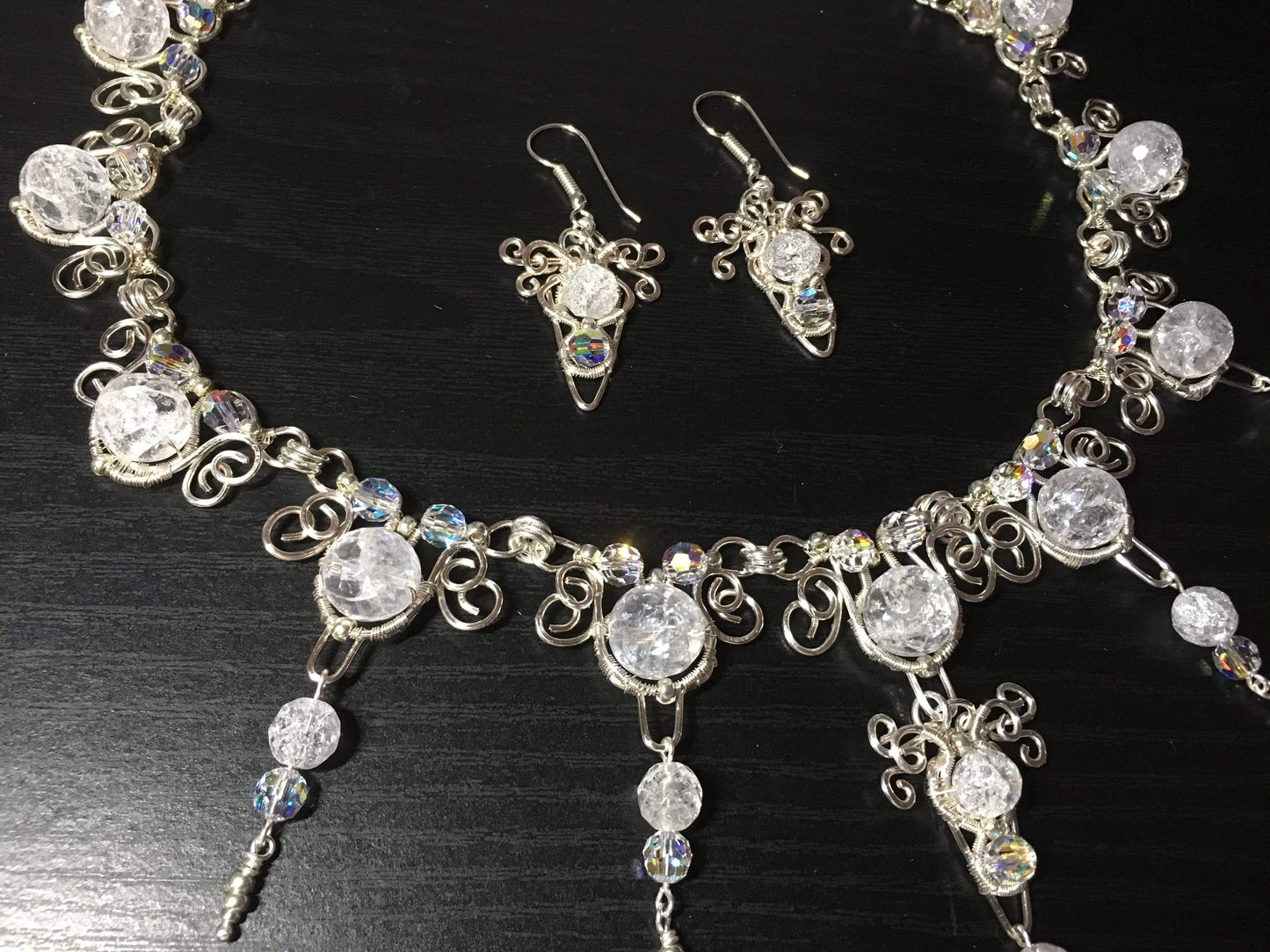 Handmade Clear Crackled Quartz Gemstone And Swarovski Elements Icicle Bridal Necklace Set