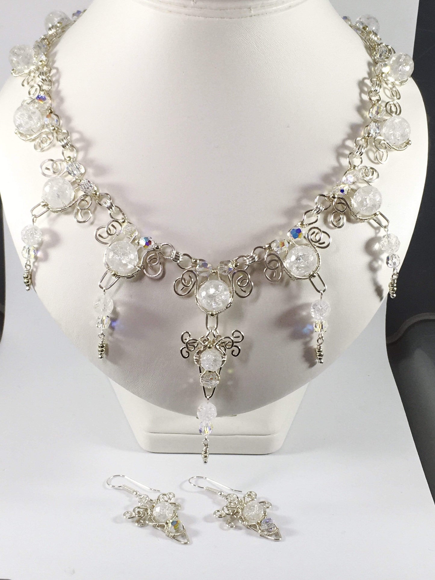 Handmade Clear Crackled Quartz Gemstone And Swarovski Elements Icicle Bridal Necklace Set