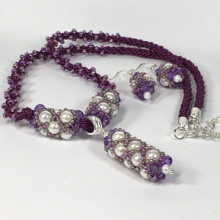 Handmade Shell Pearl Gemstone Criss Cross Beaded Kumihimo Necklace Set Purple