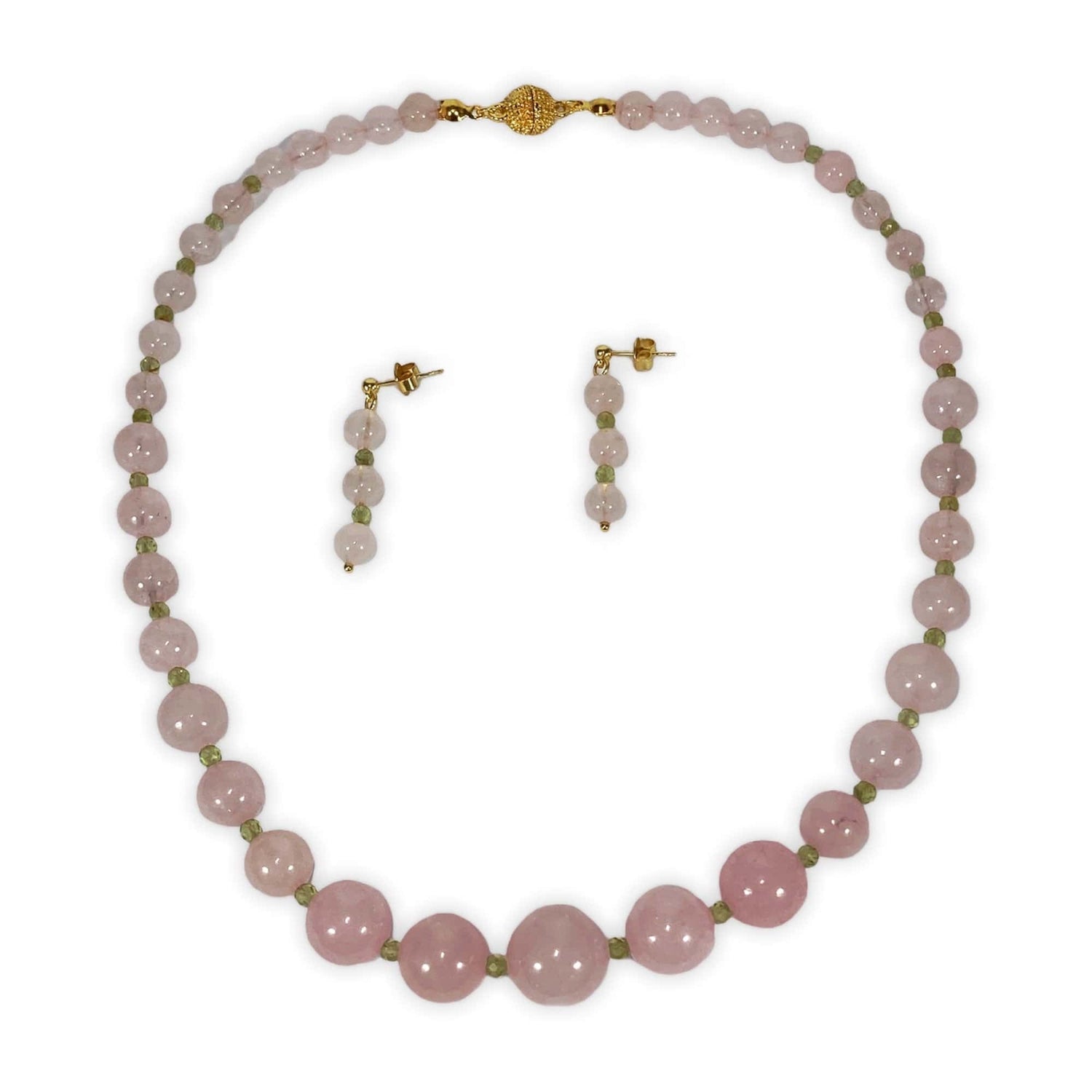 Handmade Rose Quartz And Peridot Gemstone Necklace Set