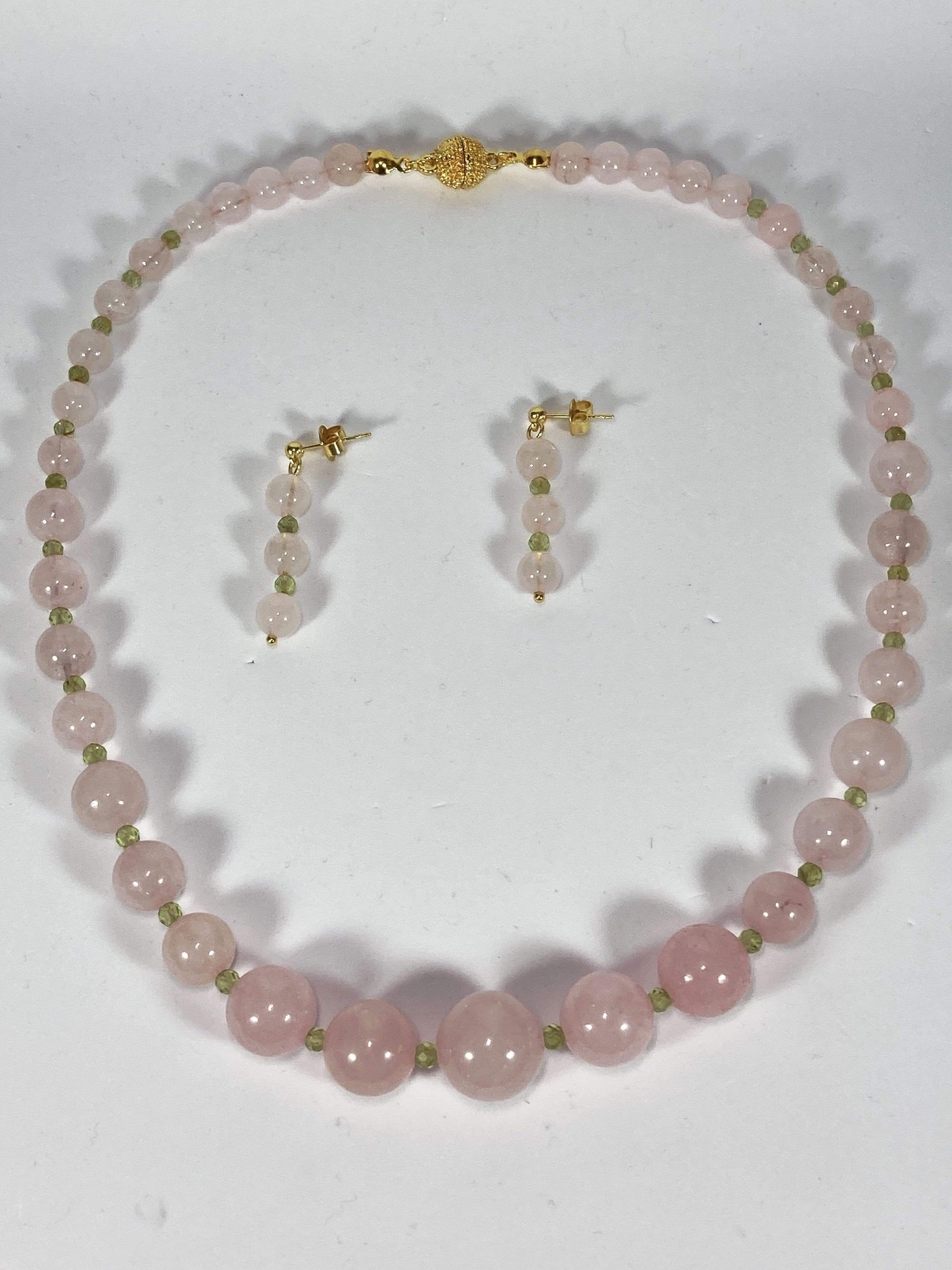 Handmade Rose Quartz And Peridot Gemstone Necklace Set