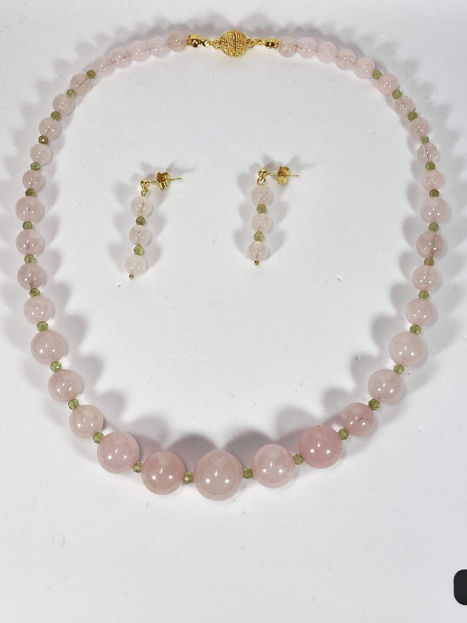 Handmade Rose Quartz And Peridot Gemstone Necklace Set