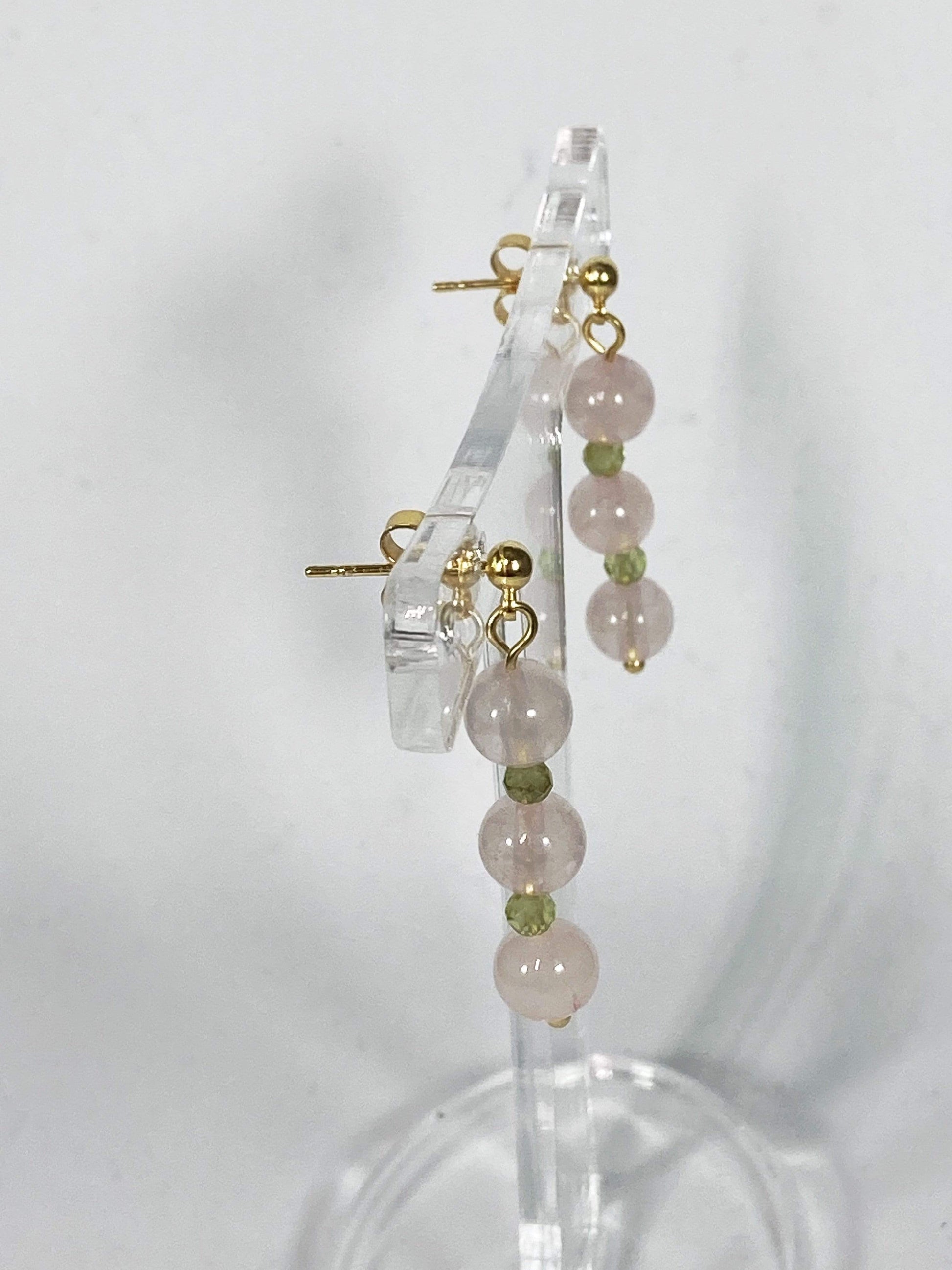 Handmade Rose Quartz And Peridot Gemstone Necklace Set Earrings