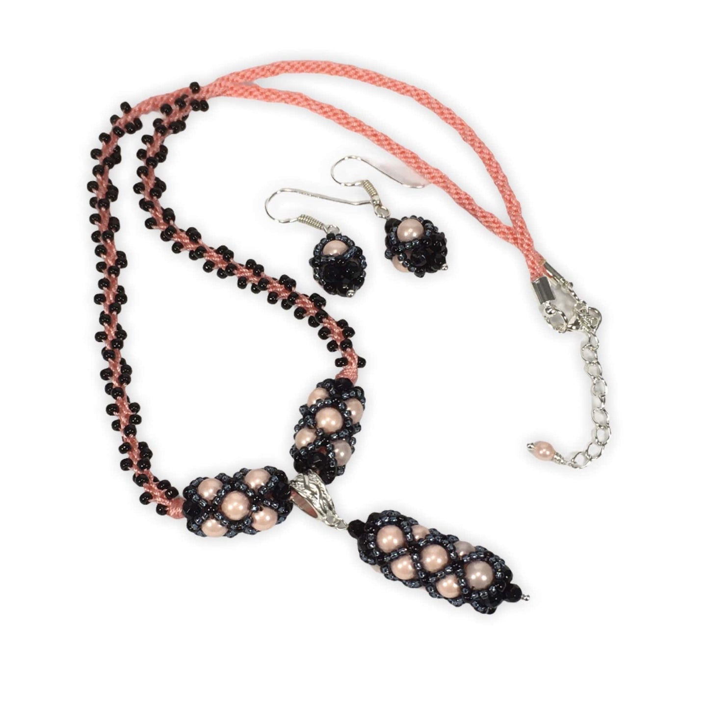 Handmade Shell Pearl Gemstone Criss Cross Beaded Kumihimo Necklace Set Pink